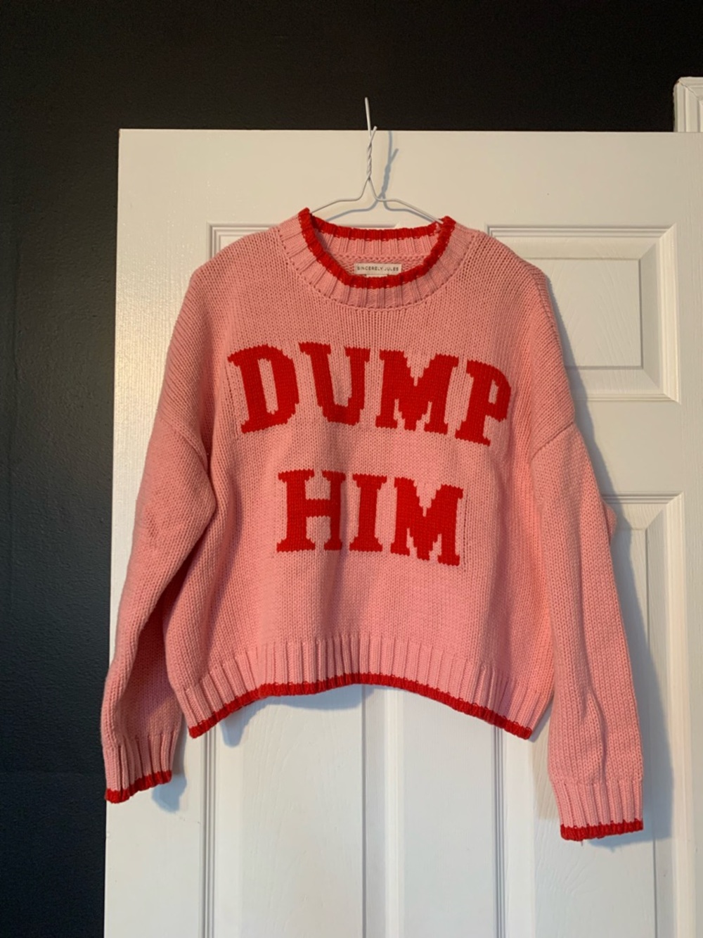 Sincerely Jules Pink Knit Sweater with Red Lettering